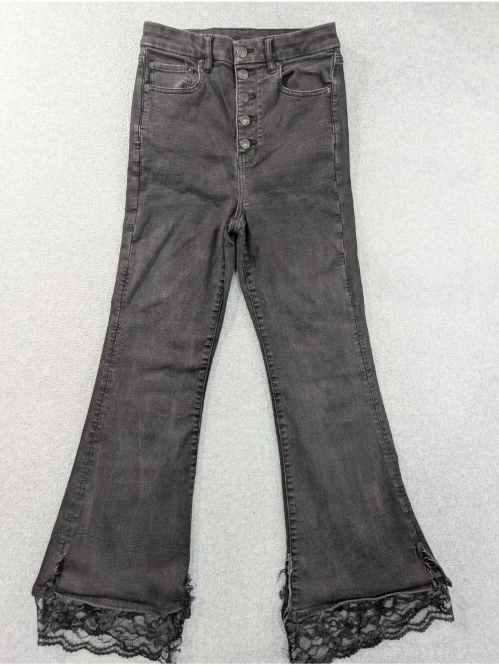 American Eagle Outfitters Curvy High Rise Flare Jeans Womens 6 Charcole Lace Hem